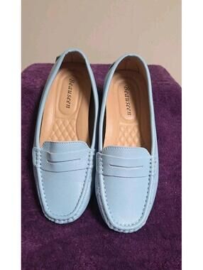 BEAUSEEN Women's Penny Loafers Leather Driving Moccasins Baby Blue Shoes Sz 8